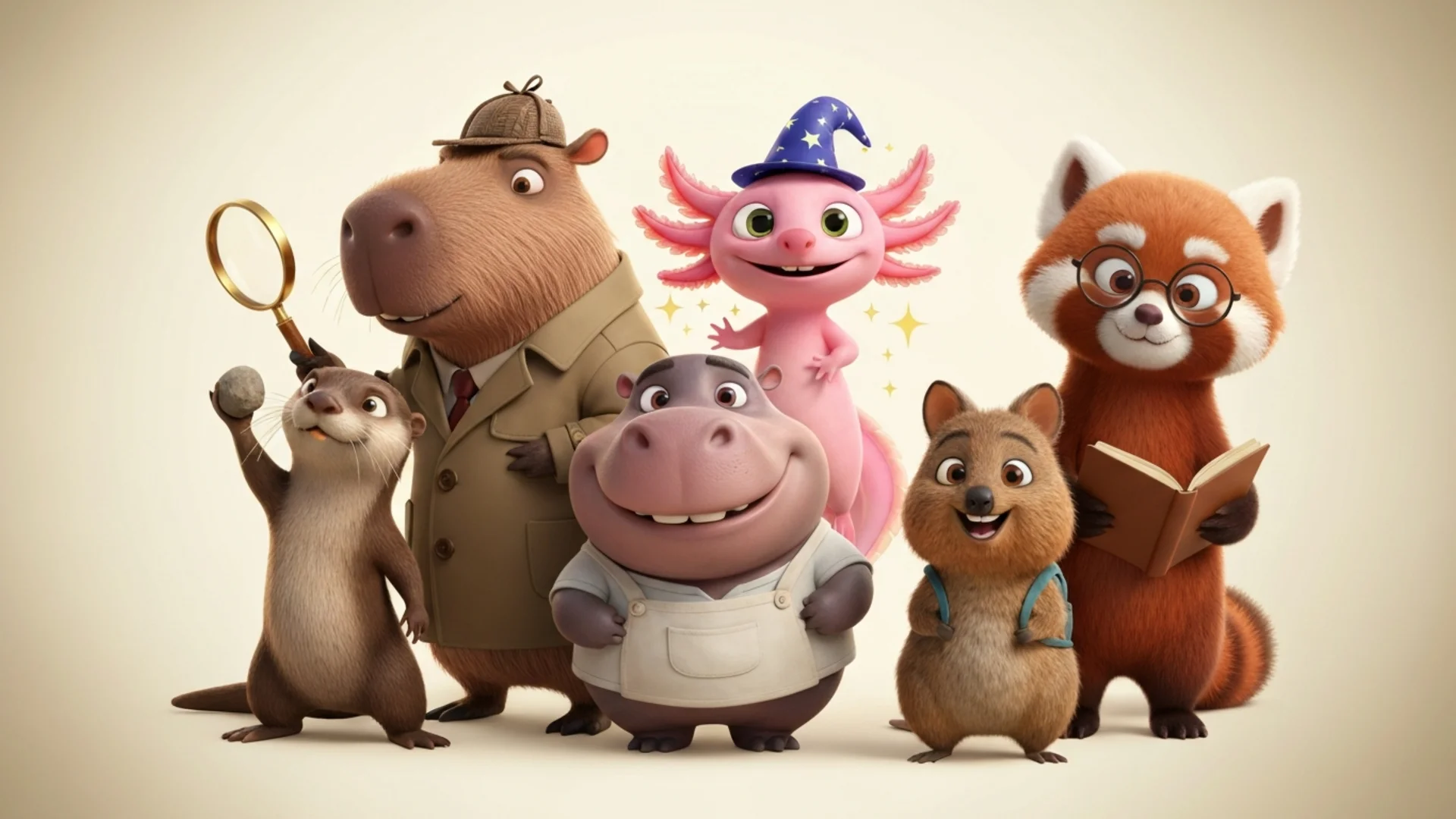 Curibara and friends — capybara, hippo, quokka, axolotl, otter, red panda