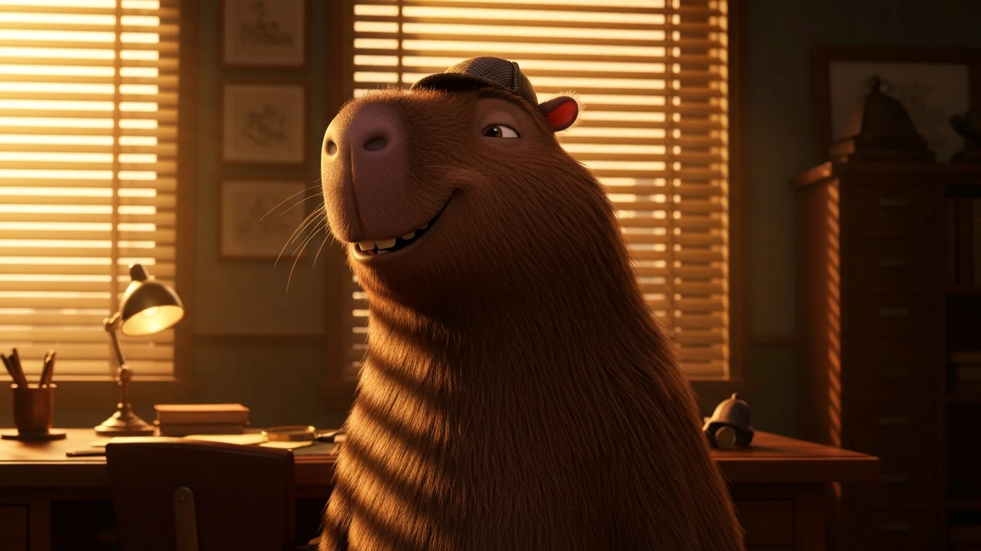 Detective satisfied smile, golden hour