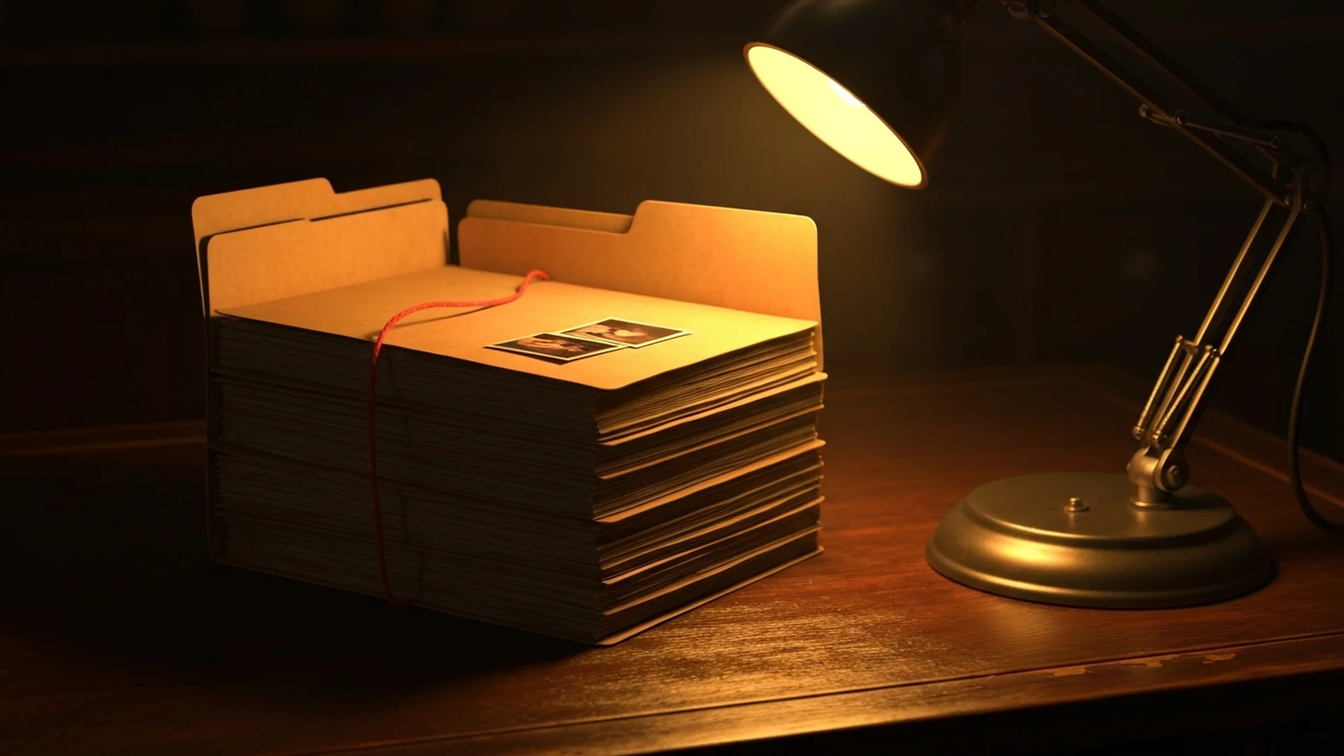 20 case files stacked on a noir detective desk
