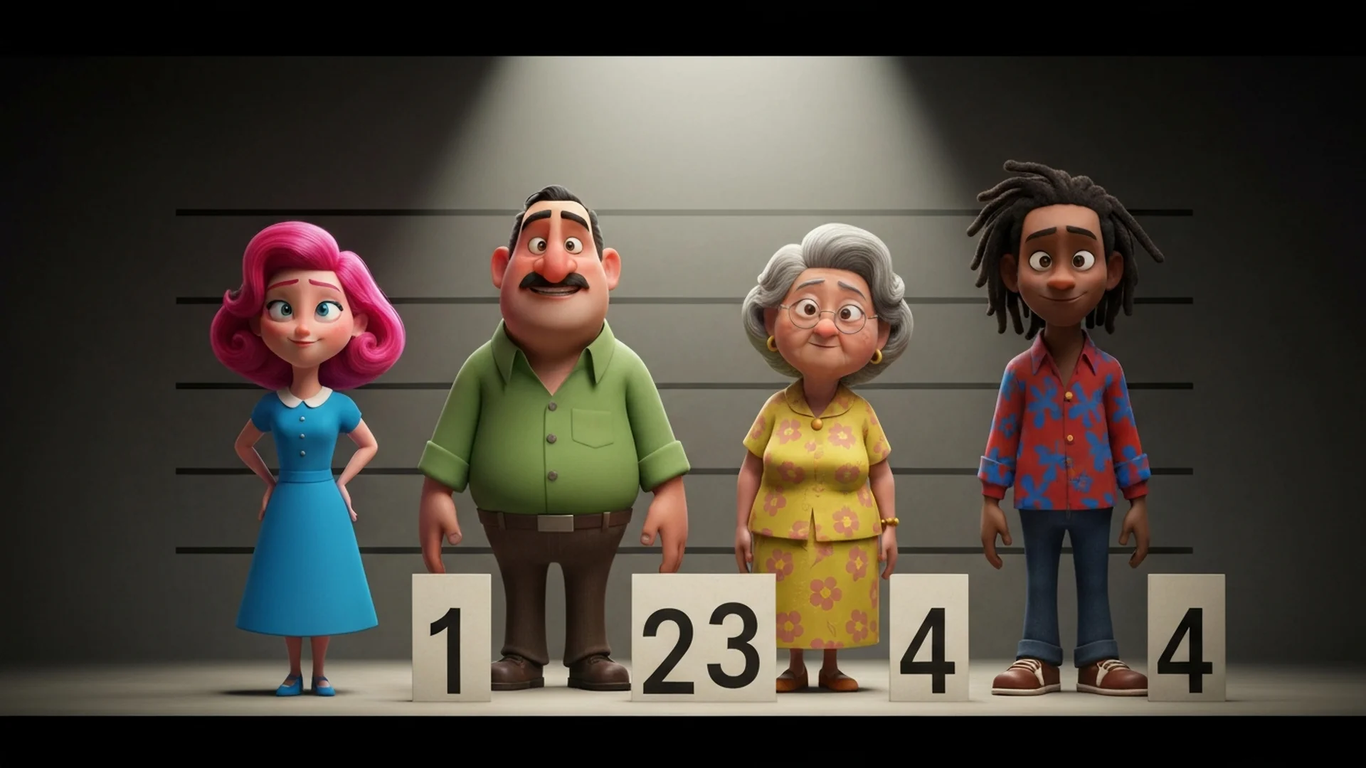 Four suspects in a noir police lineup