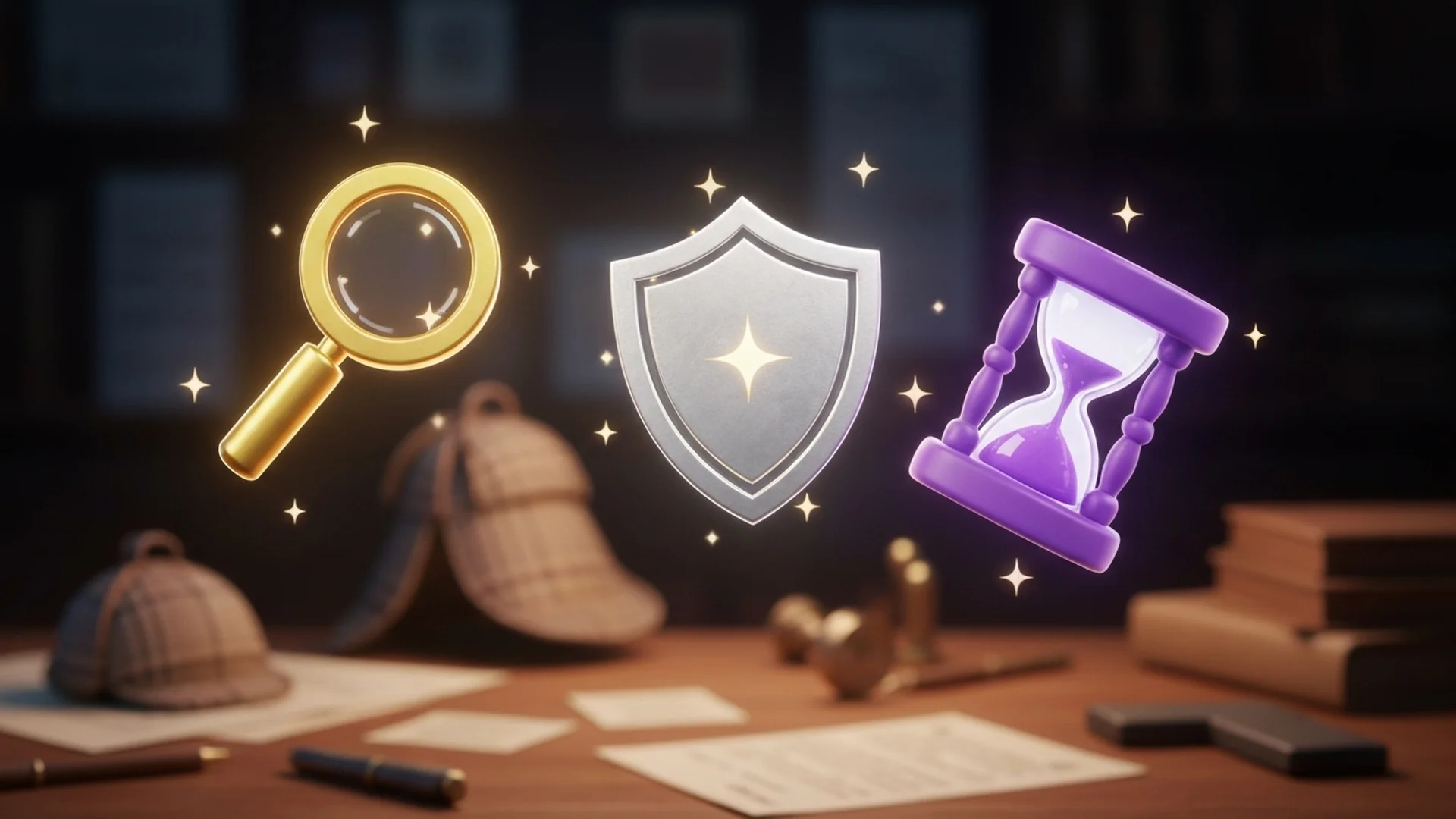 Three magical power-up badges floating with sparkles
