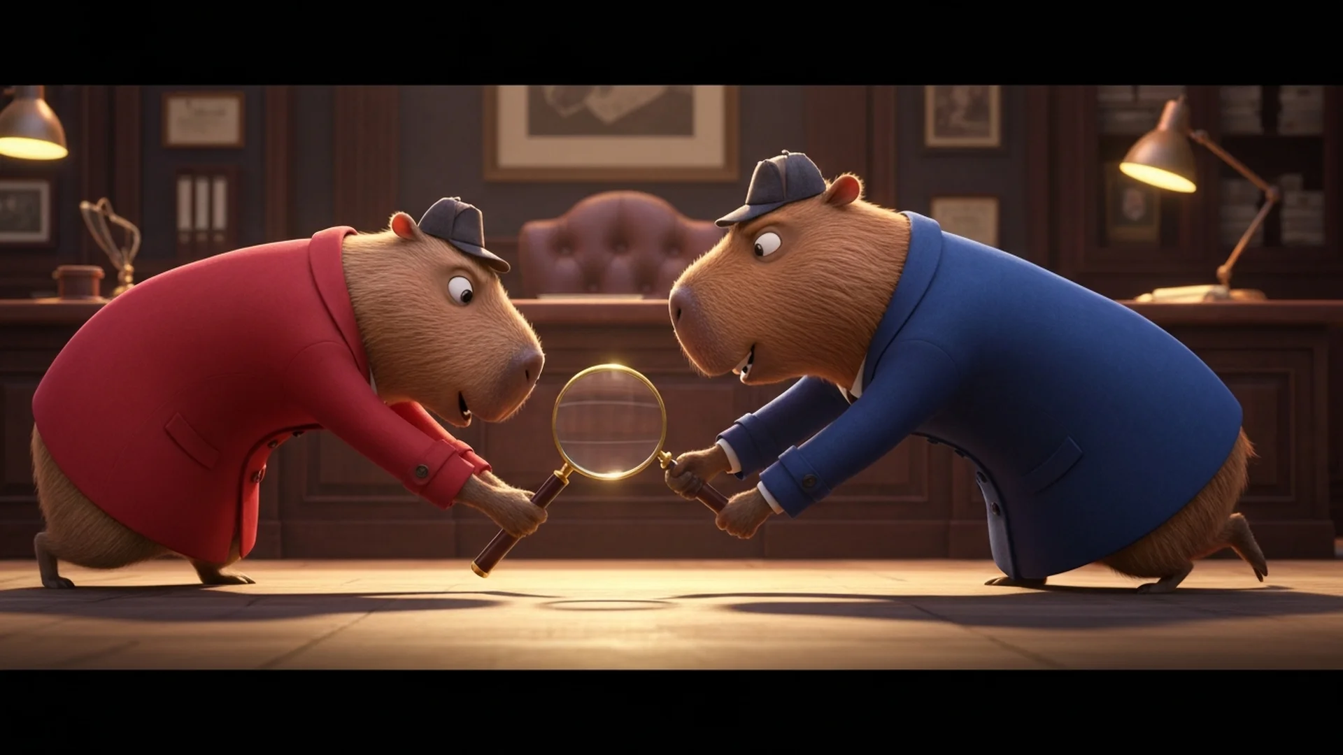 Two capybara detectives reaching for the same magnifying glass