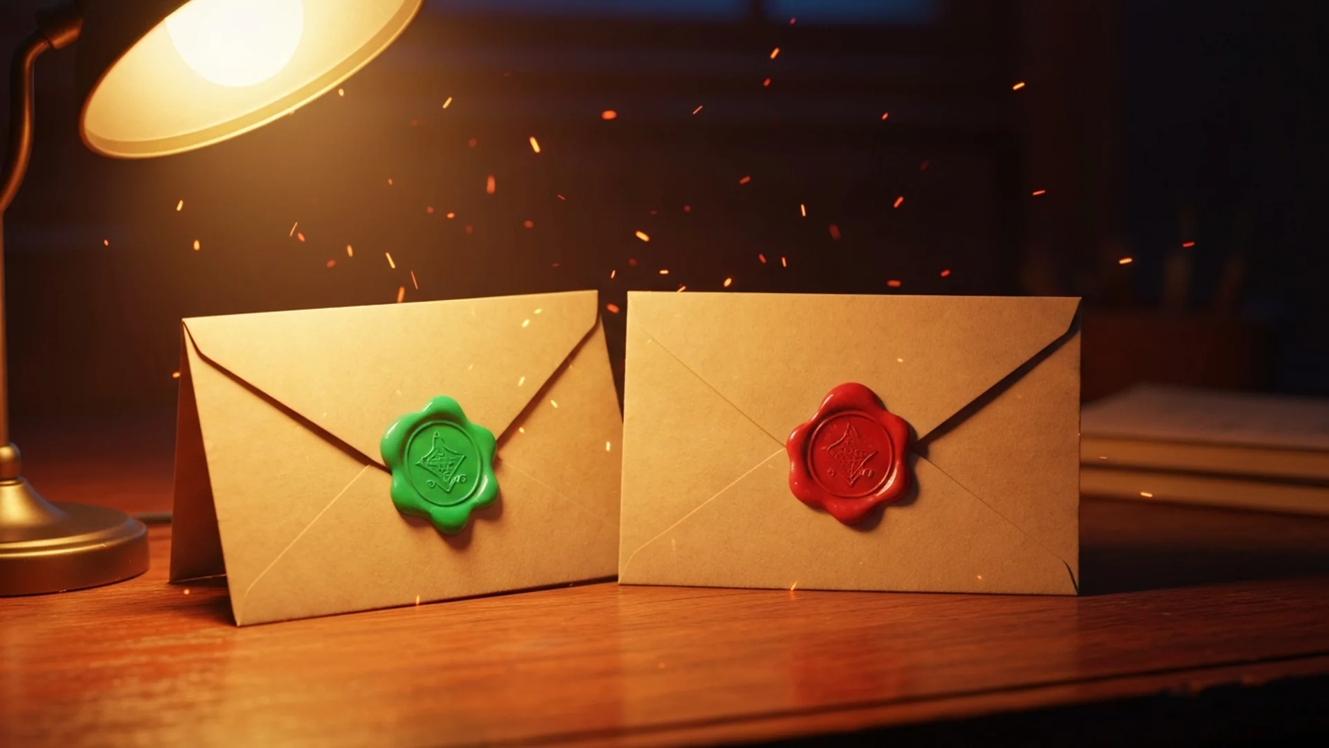 Two sealed envelopes on a noir detective desk