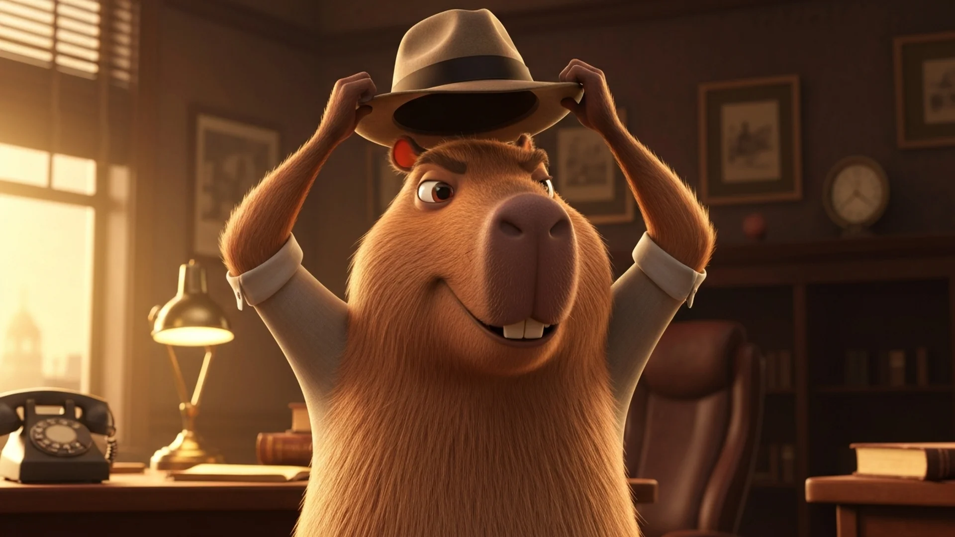 Capybara detective putting on fedora, ready for action